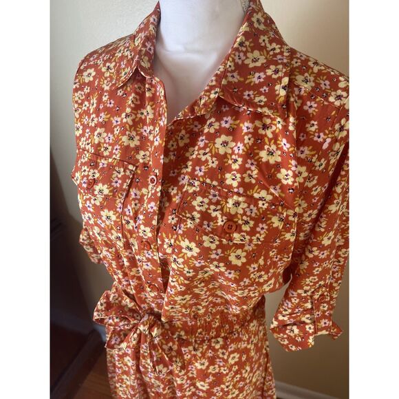 NWT Millenium Womens Mini Floral Midi Shirt Dress M Brown Retro 70s Work Casual - Picture 16 of 16